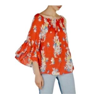 BeachLunchLounge Top Floral Bell Sleeve Orange Red Size Medium